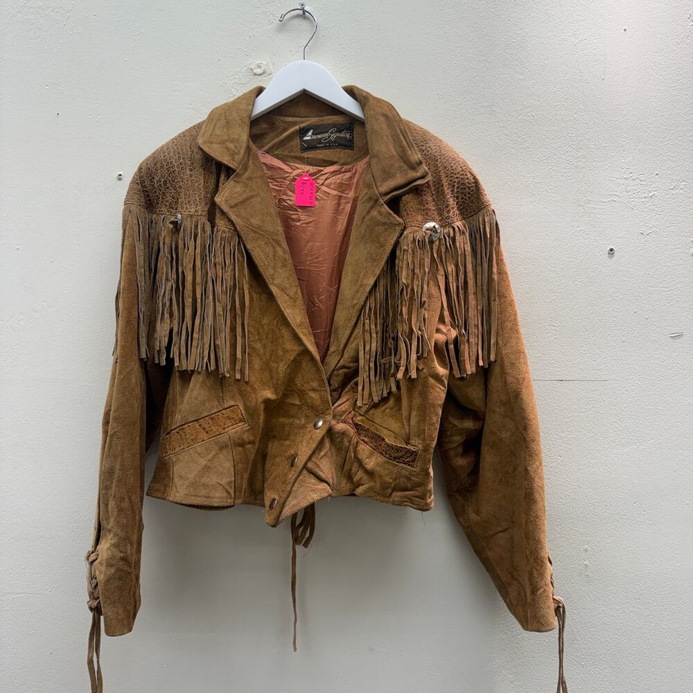 Vintage 70s Tan Leather Jacket Fringe Leopard Print Boho Western Silver Accents
